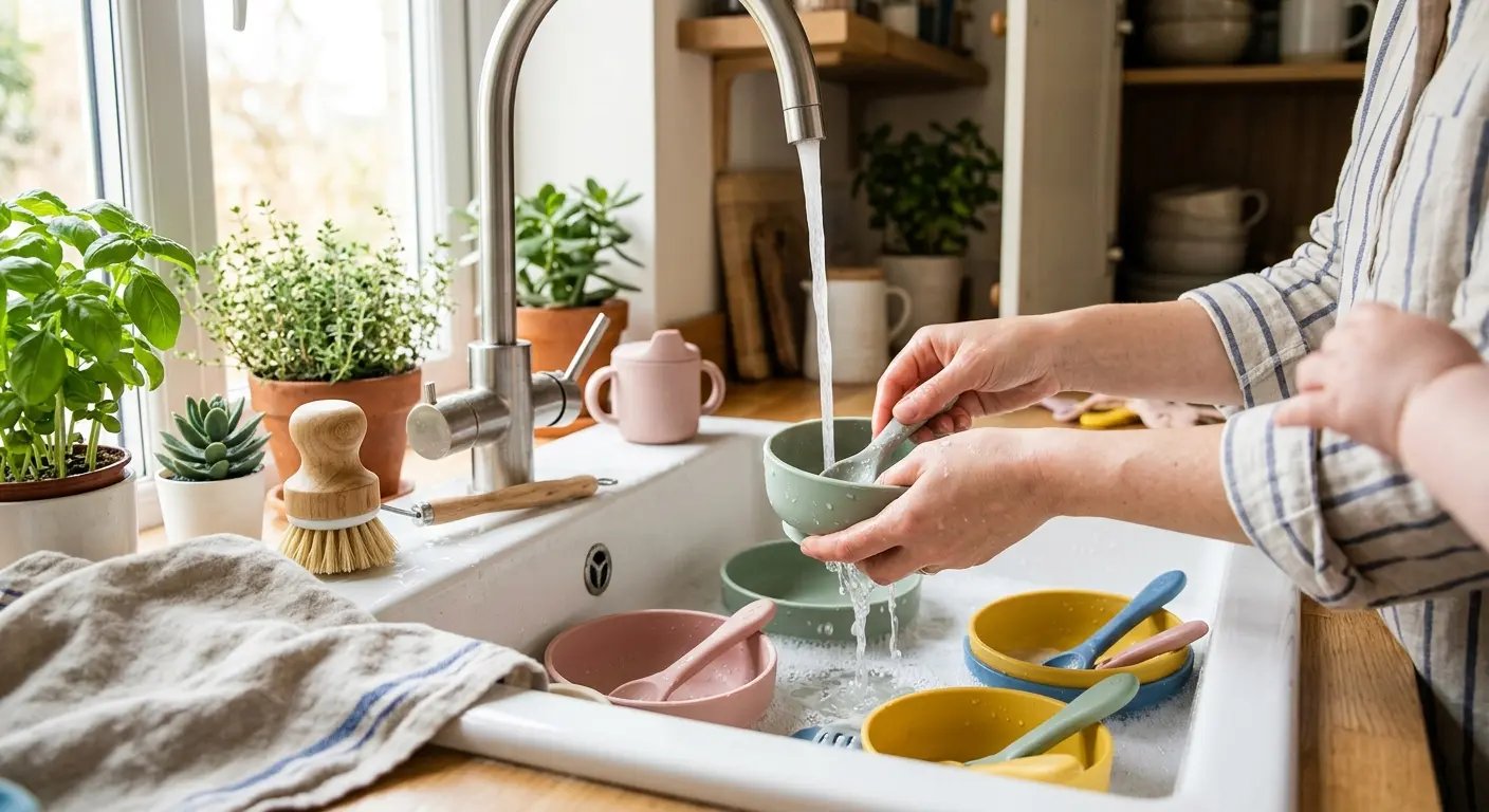 Baby weaning bowls and spoons being washed under running water