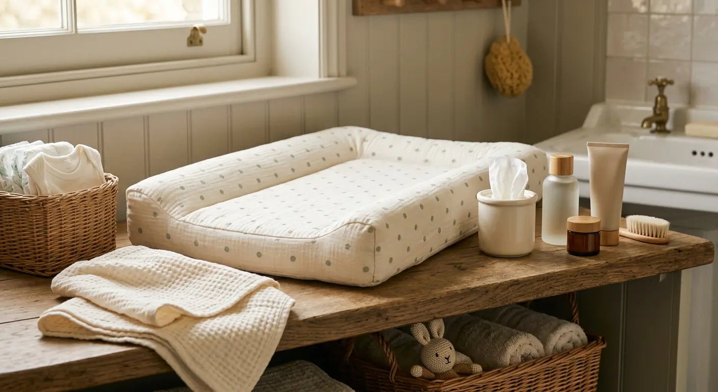 Warm British bathroom with changing mat and baby skincare products on rustic wooden shelf