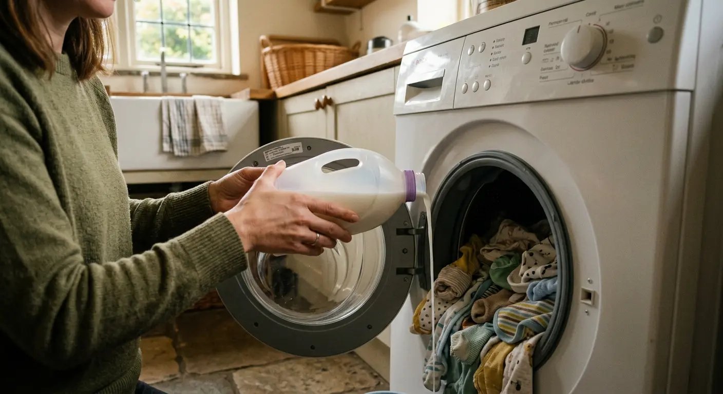 Woman's hands pouring laundry detergent into washing machine with baby sleepsuits and clothes inside