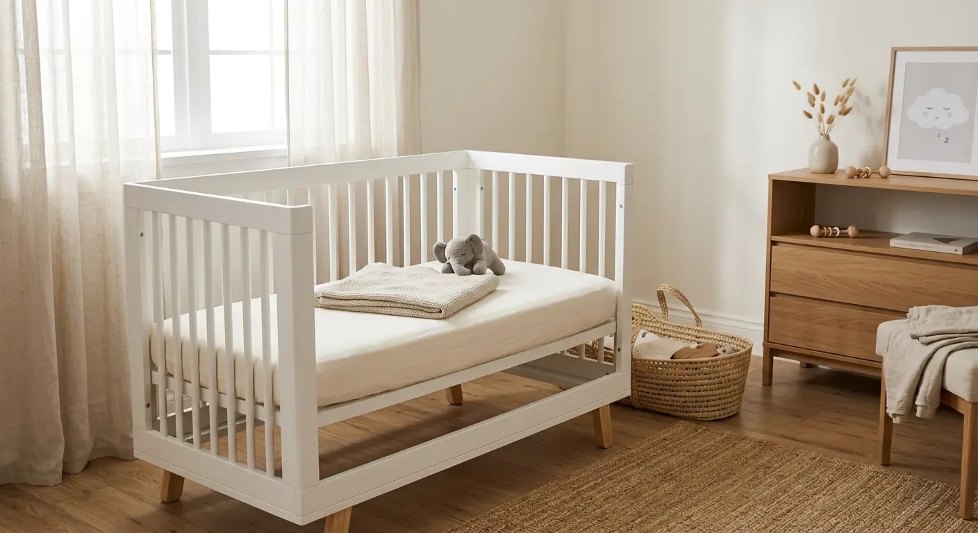 Clean baby nursery with cot and morning light