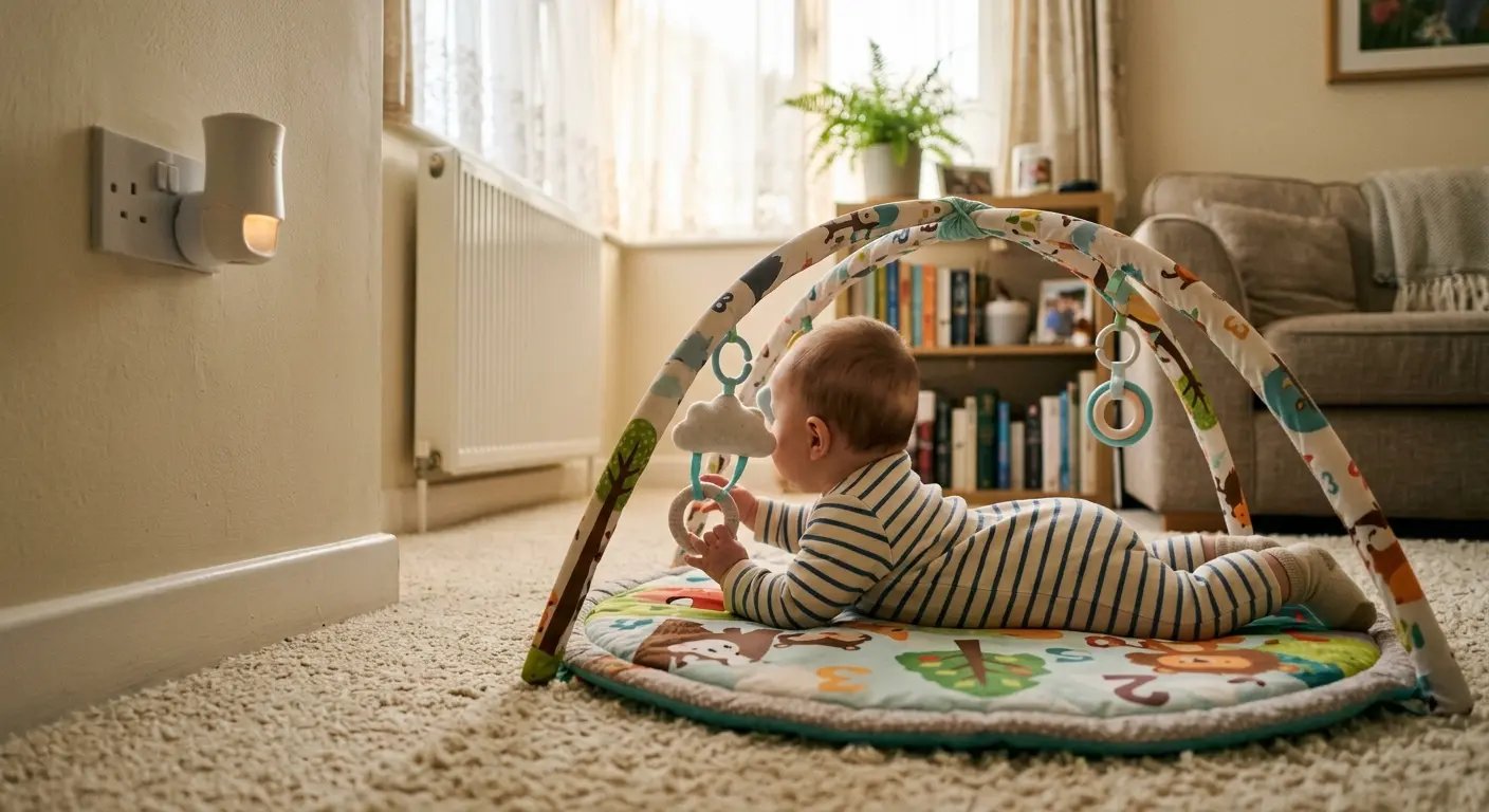 Plug-in air freshener in wall socket with baby on play mat in warm British living room
