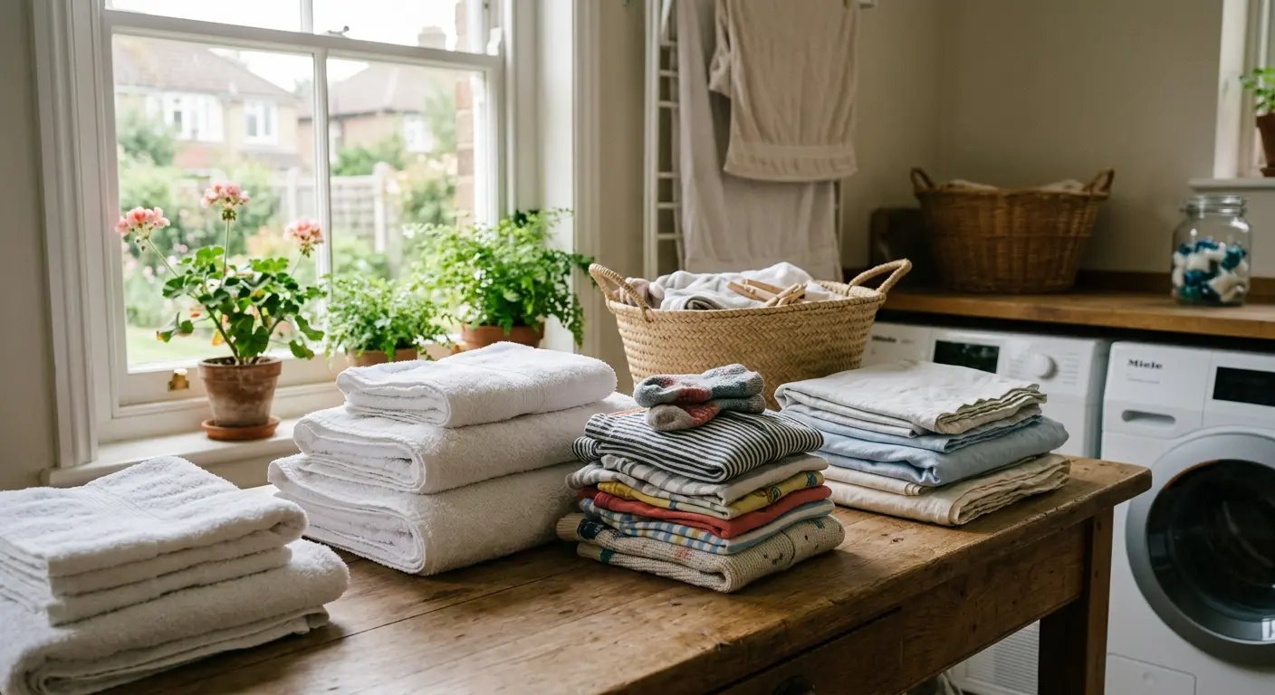Freshly washed family laundry — towels, children's clothes and bedsheets all carry detergent residue against skin