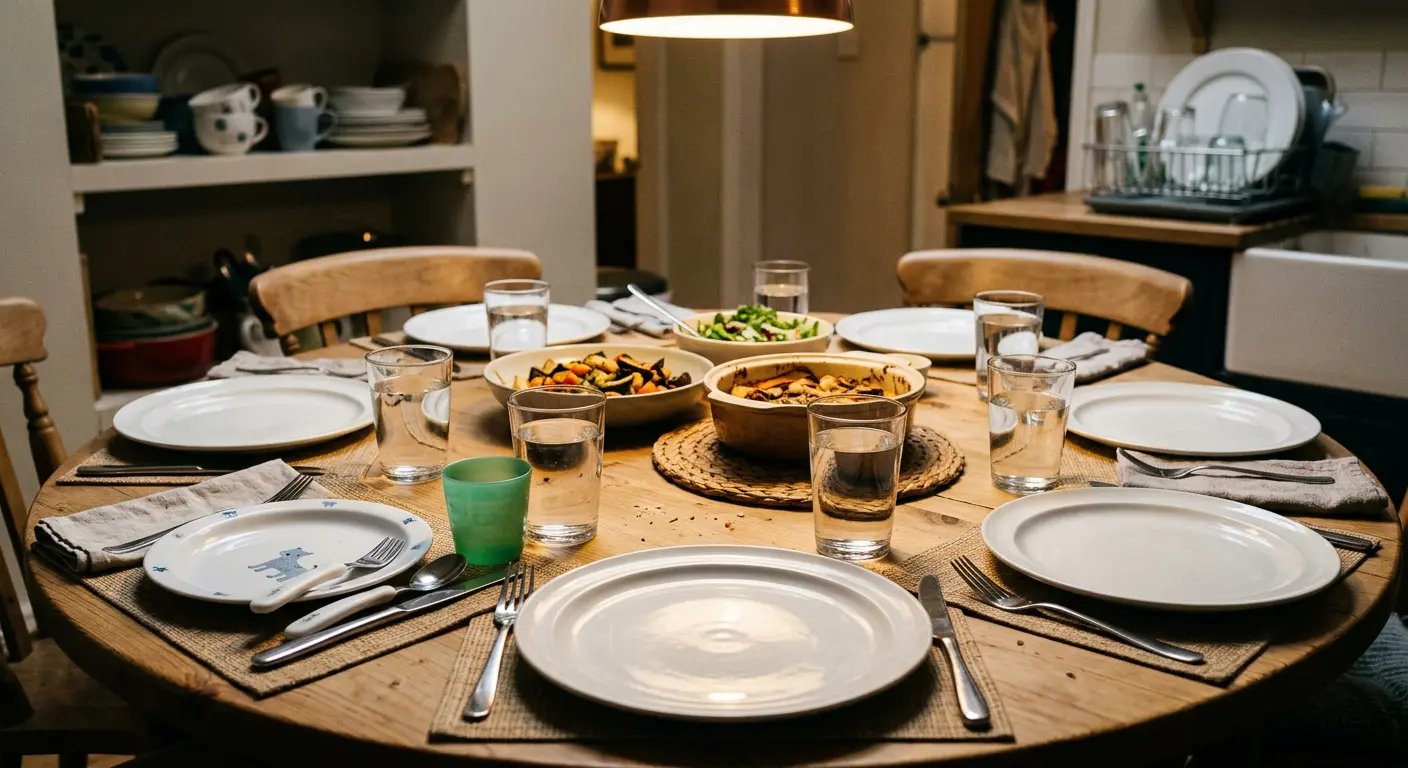 Family dinner table with plates and glasses — detergent residue present on surfaces