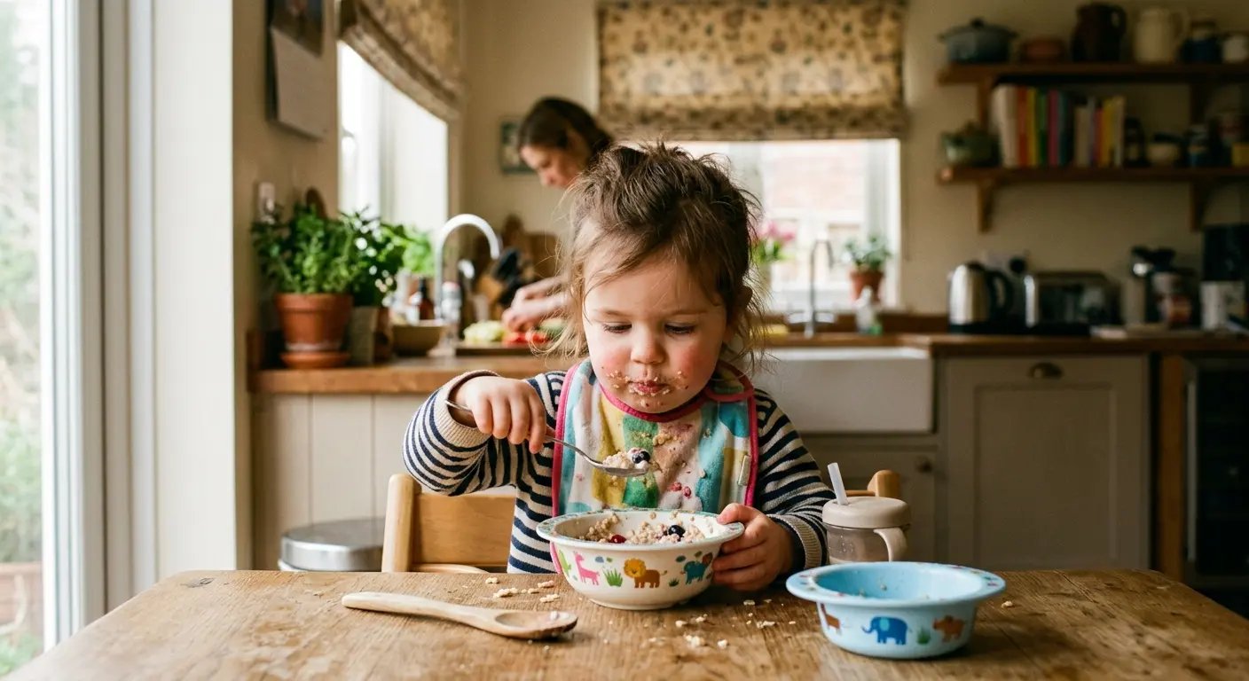 Toddler eating from a bowl — exposure to dishwasher residue through plates and cutlery